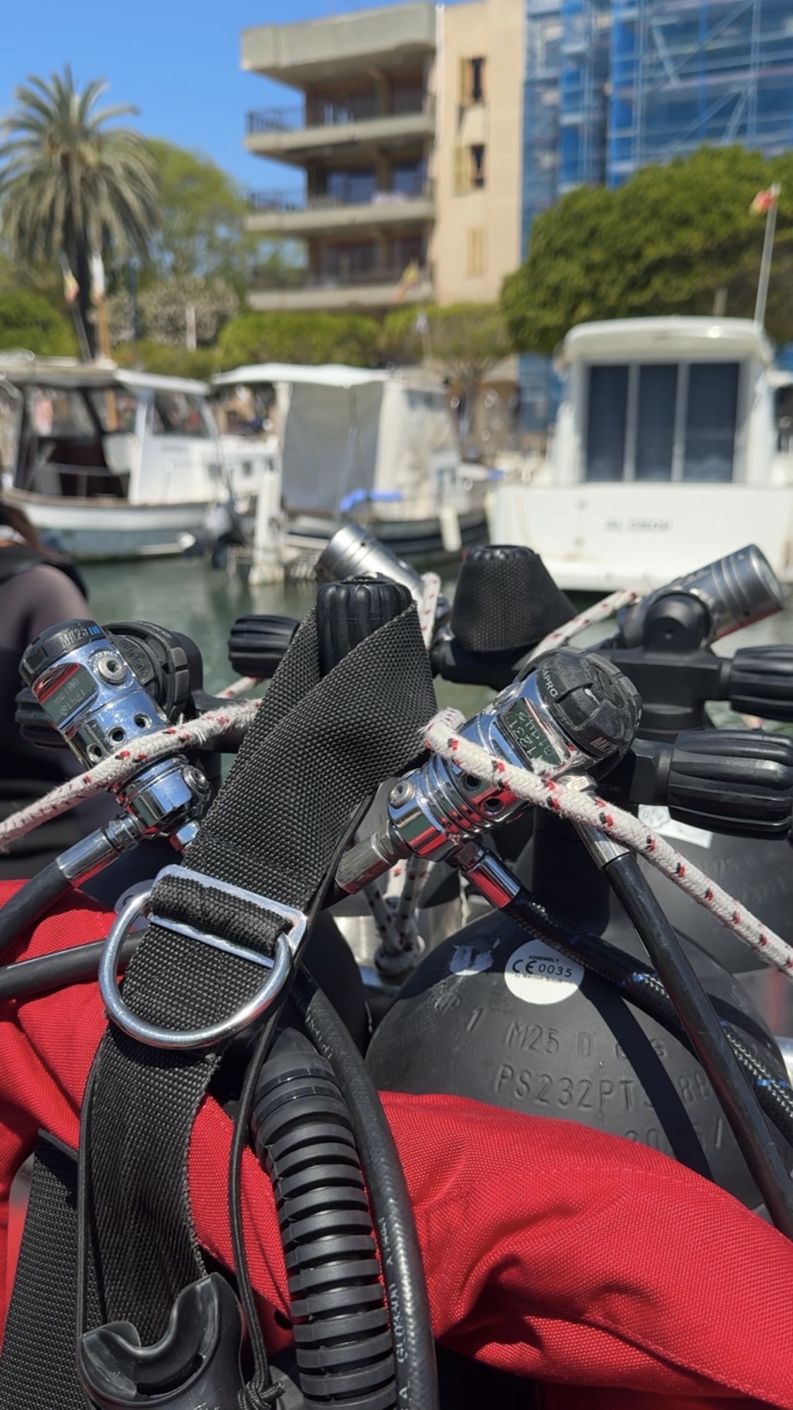 Regulator and cylinder detail at the marina before a dive